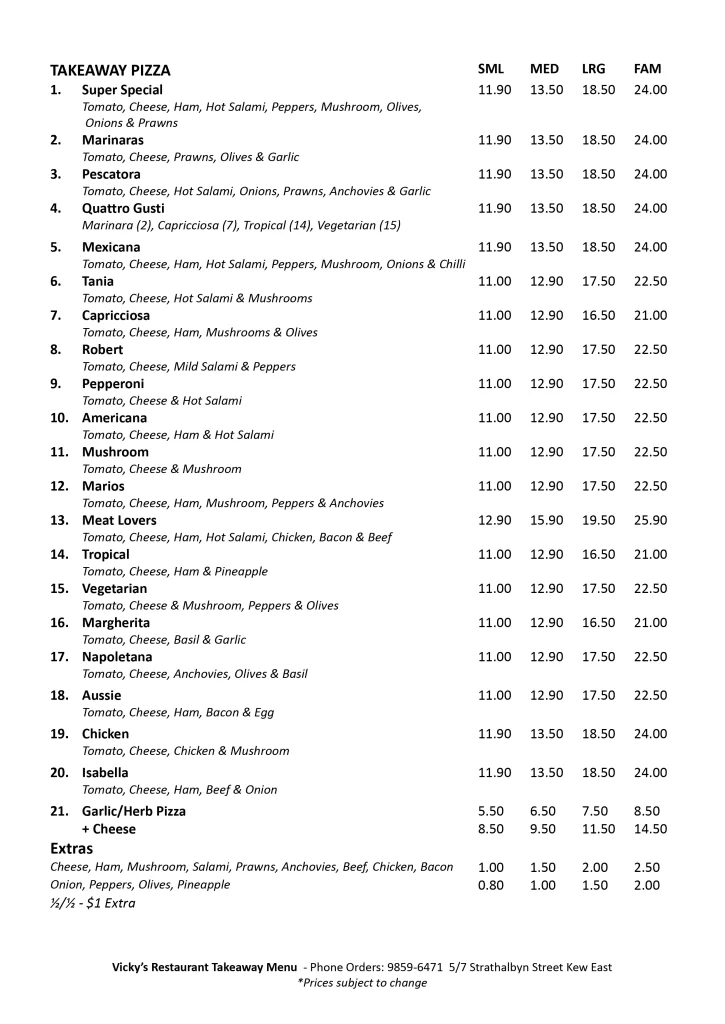 Vickys Restaurant Takeaway Menu pg1